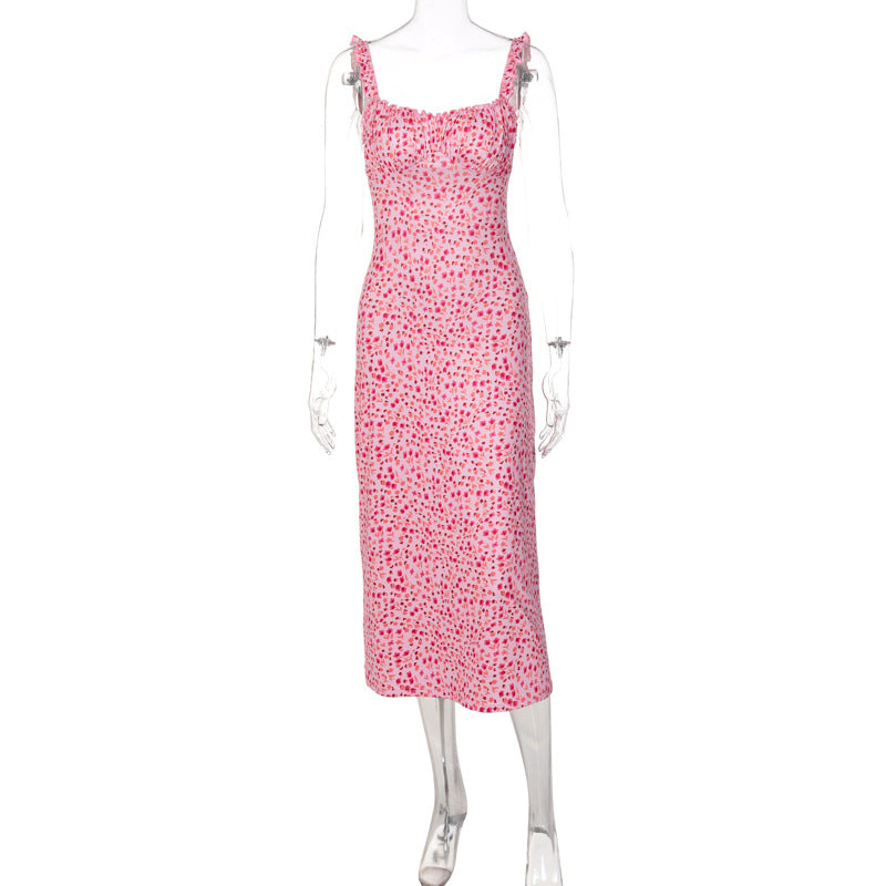 French Pink Floral Spaghetti Strap Midi Dress | Retro Square Neck Bodycon Dress