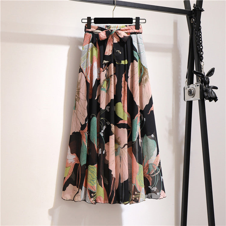 Multi-Color Printed Chiffon High Waist Tie Waist Flowy Maxi Skirt | Vacation Style Elegant A-Line Skirt
