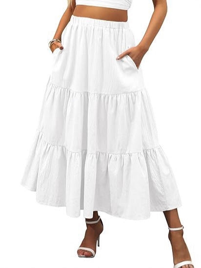 Solid Color Elastic Waist Tiered Midi Skirt | Pocket Style Maxi Skirt