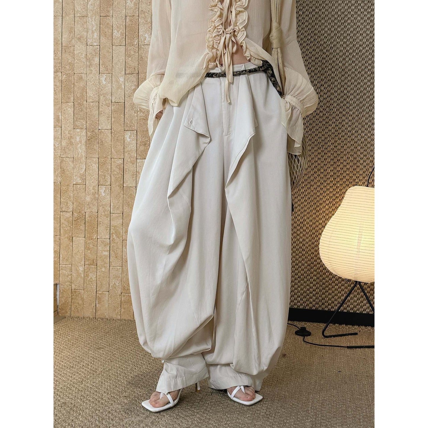 Boho Irregular Design Belted Baggy Harem Pants | Vintage Relaxed Fit Drape Casual Trousers