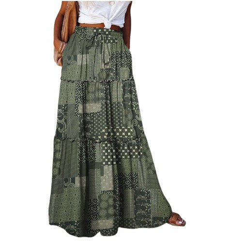 Bohemian Patchwork Print Tiered Maxi Skirt | Elastic Waist Pocket Skirt