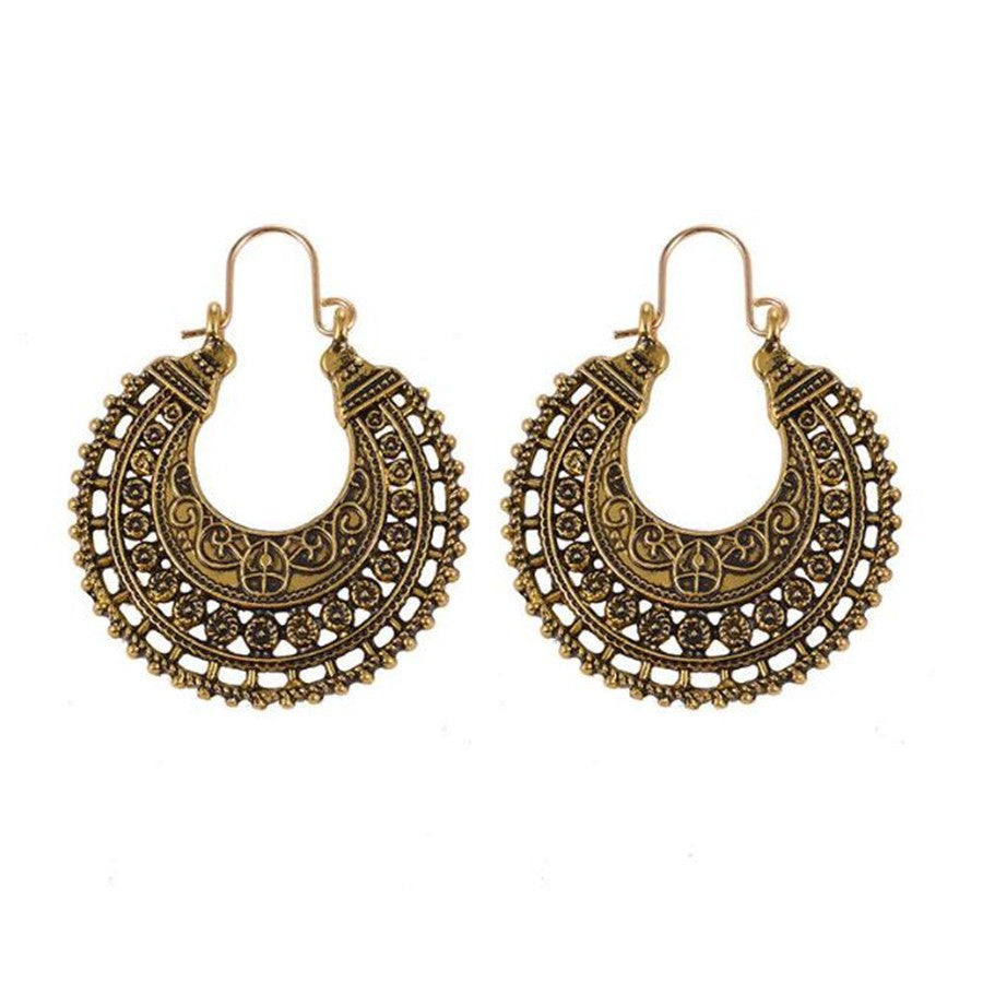 Boho Vintage Mandala Pattern Filigree Hoop Earrings | Ethnic Style Unique Design Earrings