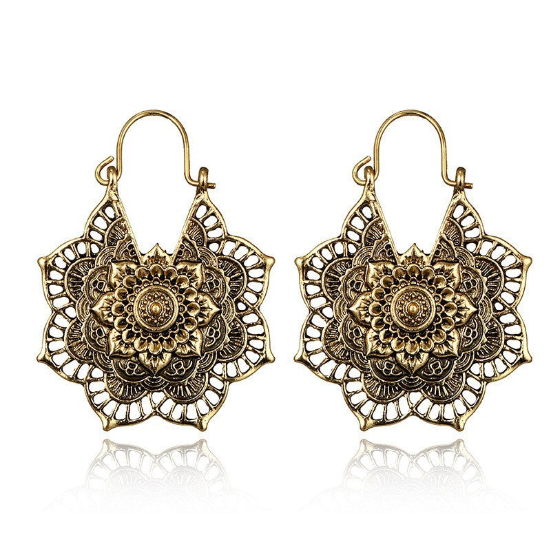 Boho Vintage Mandala Pattern Filigree Hoop Earrings | Ethnic Style Unique Design Earrings