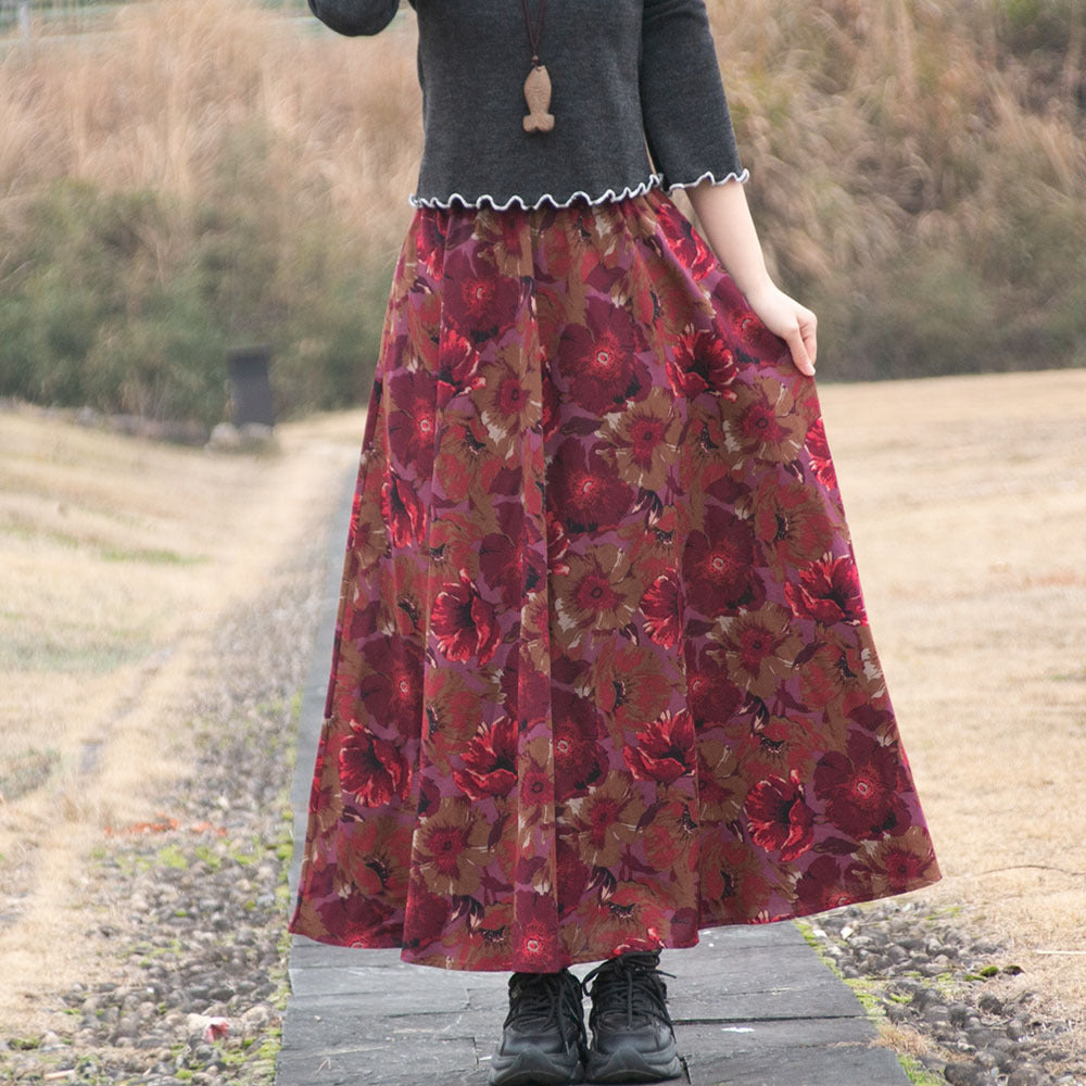 Cotton and linen printed maxi skirt | Retro ethnic style elastic waist midi skirt