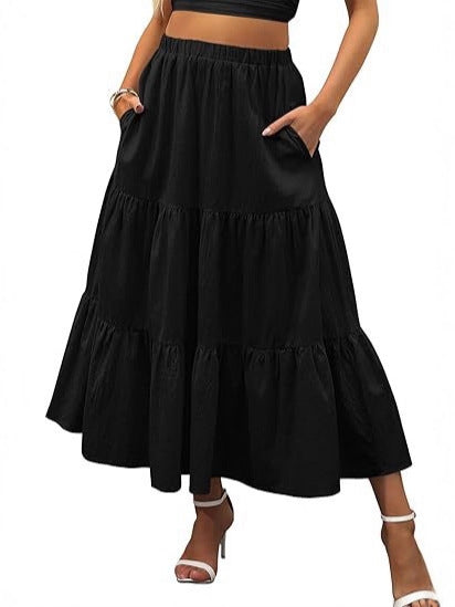 Solid Color Elastic Waist Tiered Midi Skirt | Pocket Style Maxi Skirt