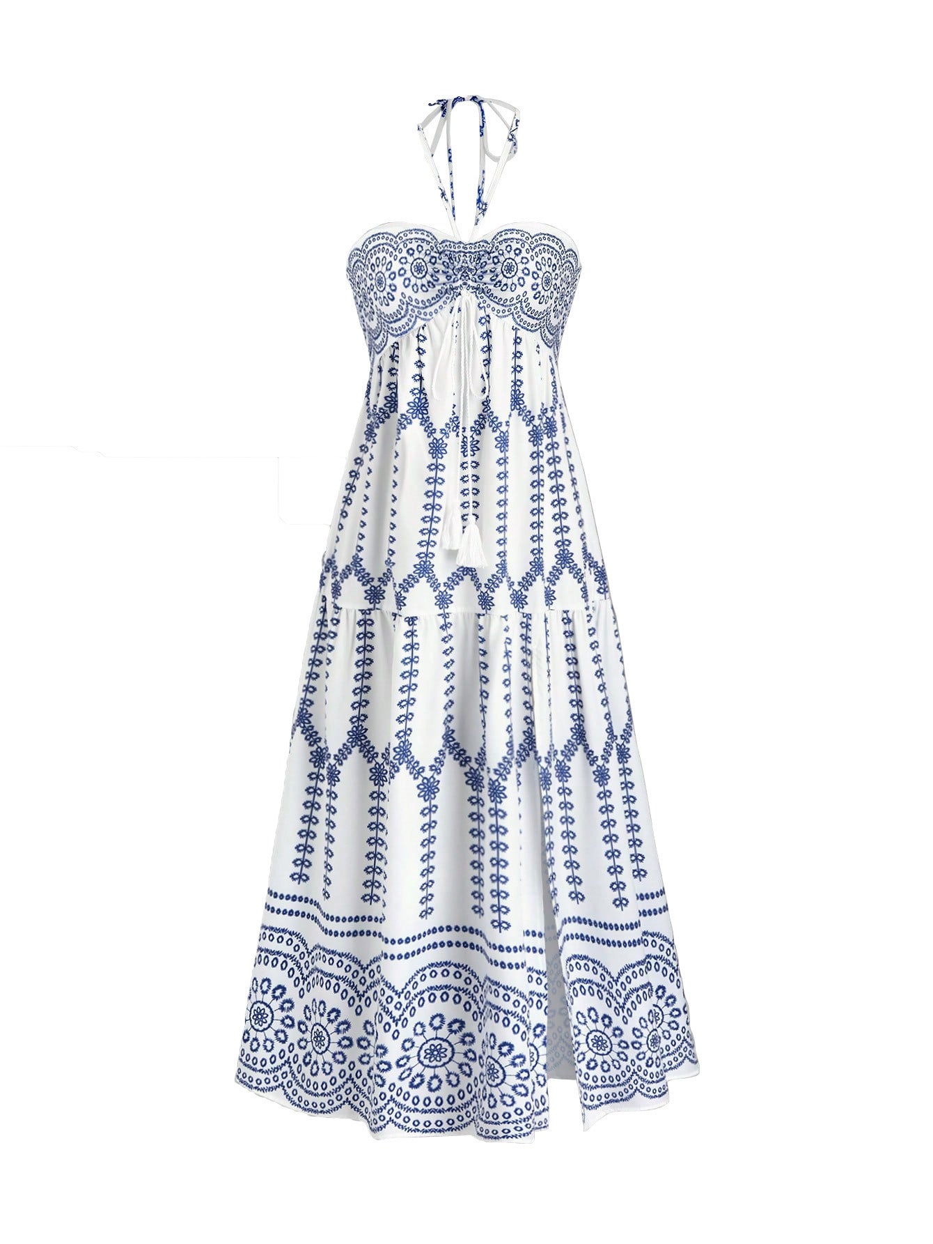 Boho Halter Printed High Slit Tiered Maxi Dress | Ethnic Style Vacation Beach Dress