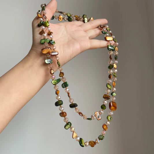 Vintage Bohemian Double Layer Irregular Shell Beaded Necklace, Retro Luxury Vacation Clavicle Chain