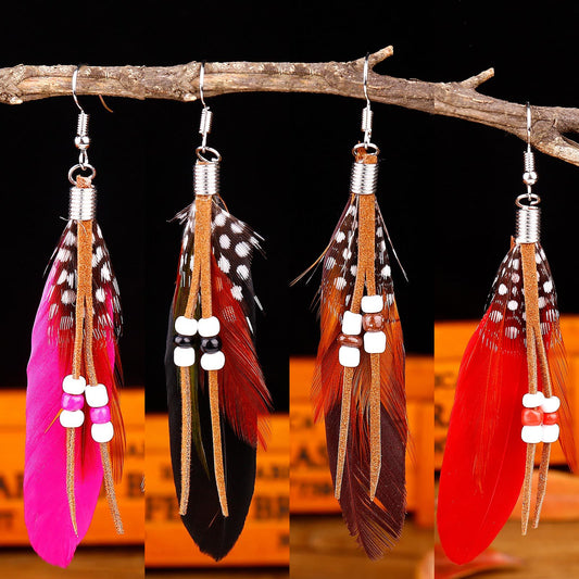 Boho Colorful Feather Beaded Tassel Earrings | Ethnic Style Unique Design Earrings