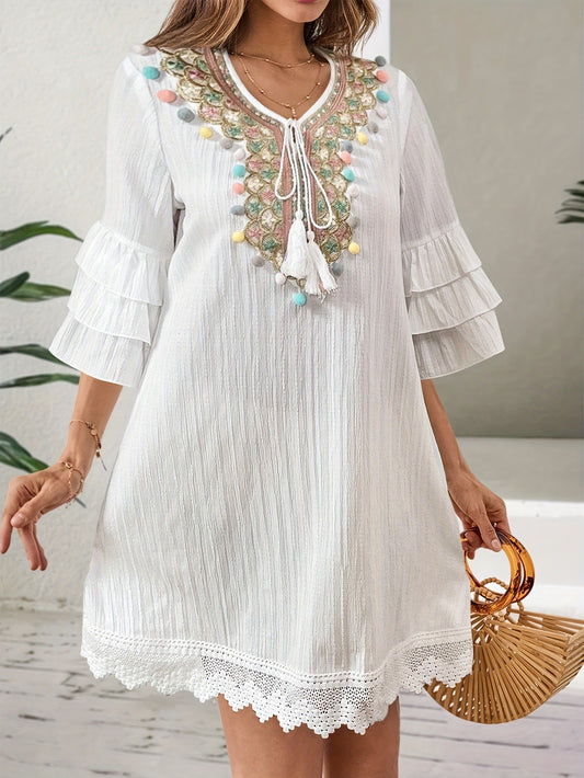 Boho Embroidered Pom Pom Tassel Ruffle Lace Mini Dress | Ethnic Style Vacation Loose A-Line Dress