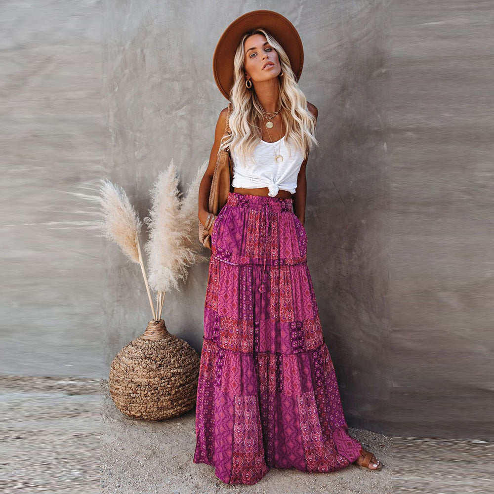 Bohemian Patchwork Print Tiered Maxi Skirt | Elastic Waist Pocket Skirt