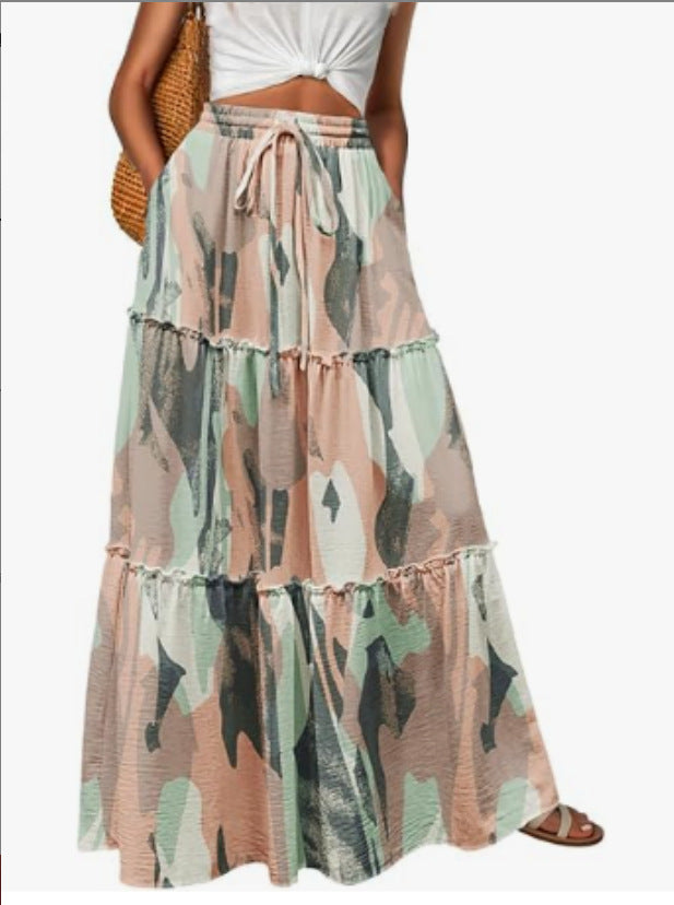 Bohemian Patchwork Print Tiered Maxi Skirt | Elastic Waist Pocket Skirt