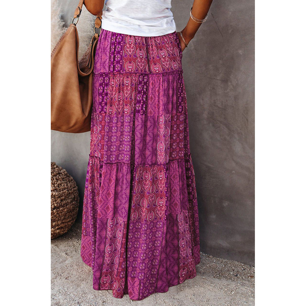 Bohemian Patchwork Print Tiered Maxi Skirt | Elastic Waist Pocket Skirt
