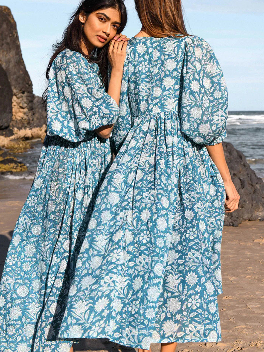 Bohemian Puff Sleeve Floral Maxi Dress | Vacation Style V-Neck Tie Dress