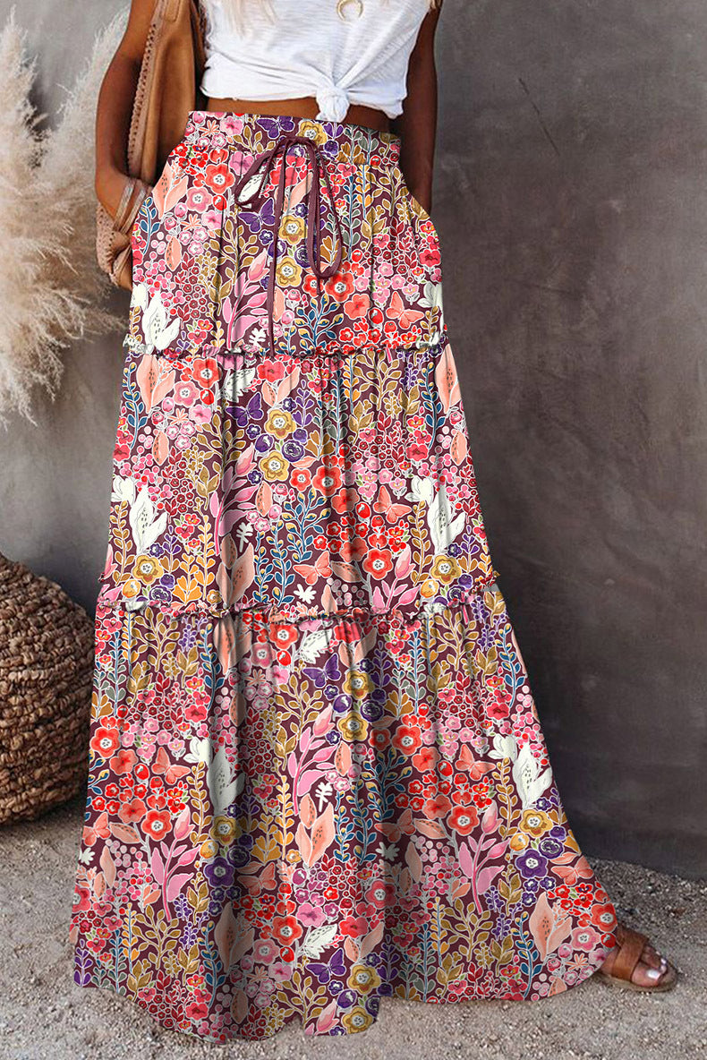 Bohemian Patchwork Print Tiered Maxi Skirt | Elastic Waist Pocket Skirt