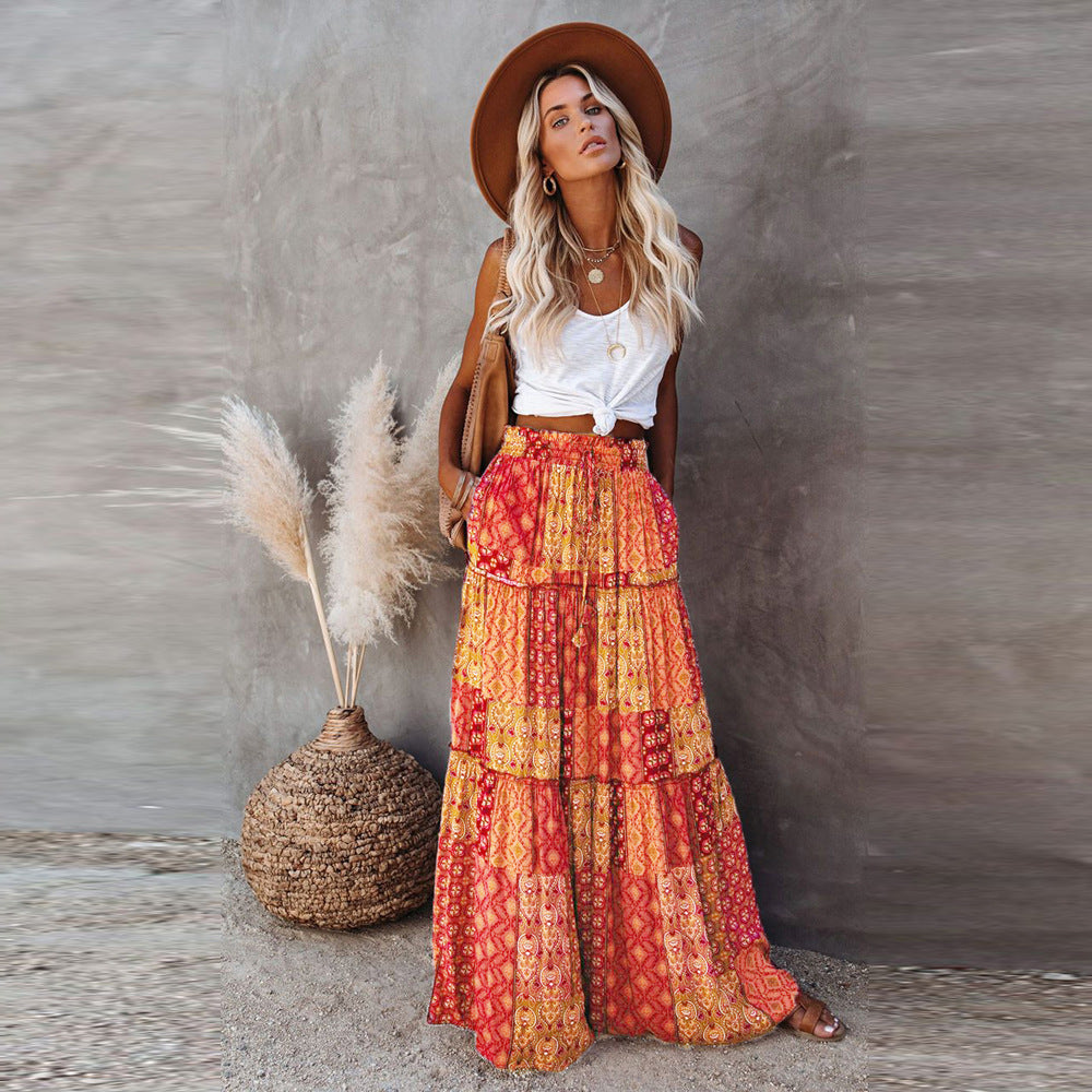 Bohemian Patchwork Print Tiered Maxi Skirt | Elastic Waist Pocket Skirt