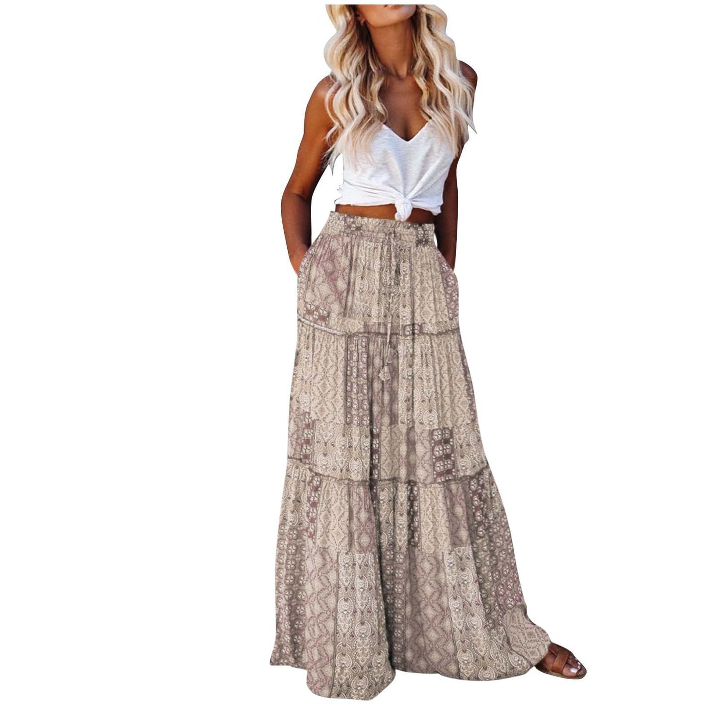 Bohemian Patchwork Print Tiered Maxi Skirt | Elastic Waist Pocket Skirt