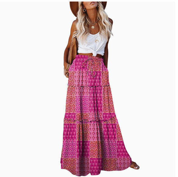 Bohemian Patchwork Print Tiered Maxi Skirt | Elastic Waist Pocket Skirt