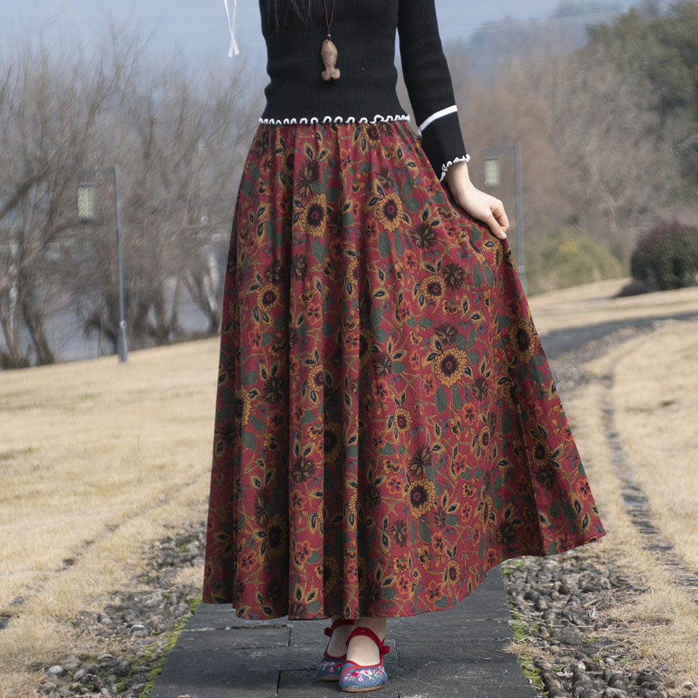 Cotton and linen printed maxi skirt | Retro ethnic style elastic waist midi skirt