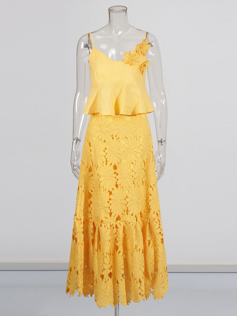 Boho 3D Flower Cami Peplum Top + Cutout Lace Tiered Maxi Skirt Set