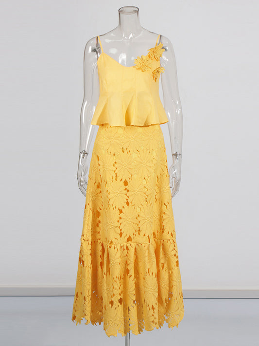 Boho 3D Flower Cami Peplum Top + Cutout Lace Tiered Maxi Skirt Set