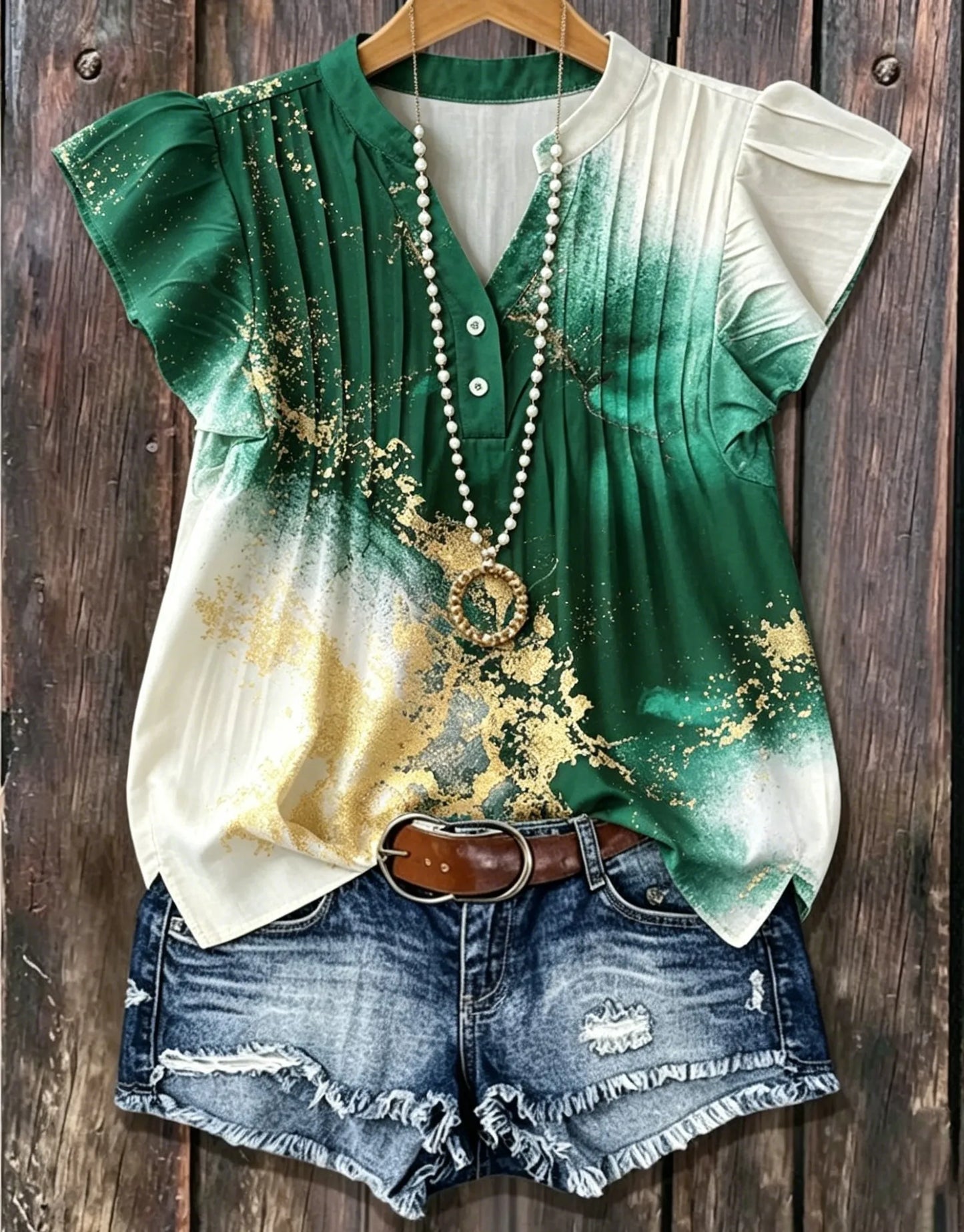 Green White Gradient Gold Foil Print Henley Neck Pleated Ruffle Sleeve Casual Blouse