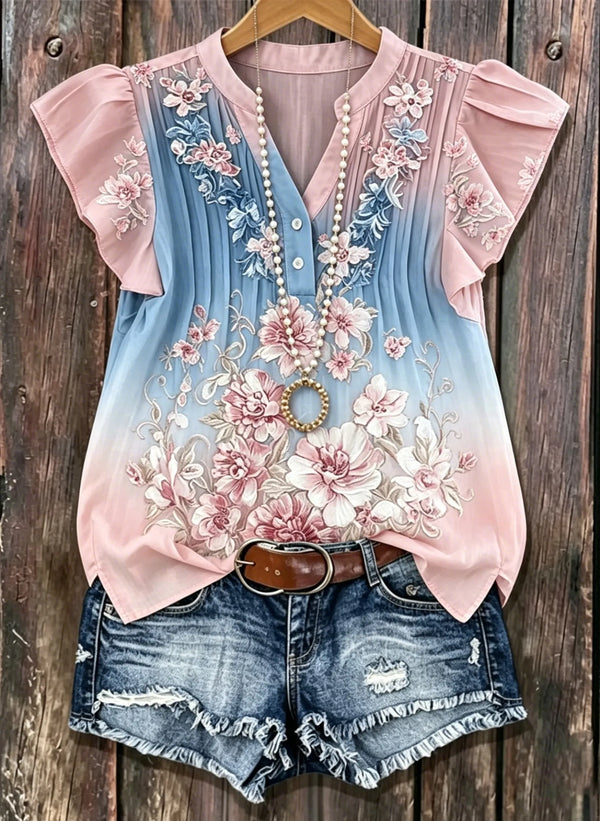 Pink Blue Gradient Floral Embroidery V-Neck Ruffle Sleeve Blouse