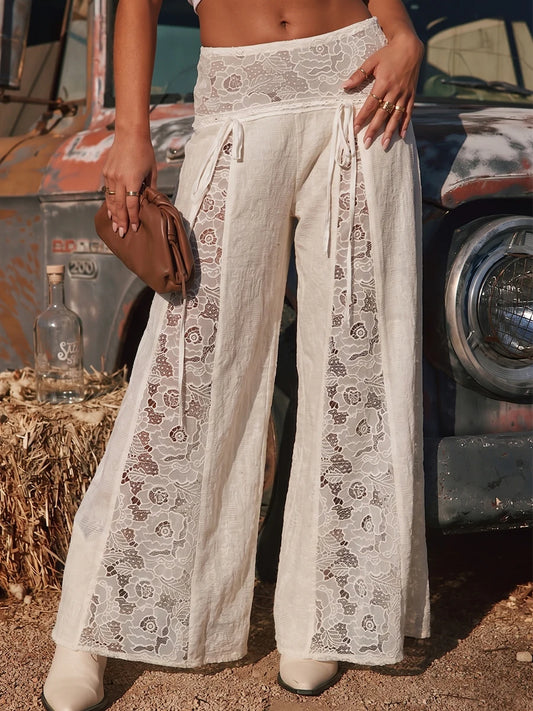 High Waist Lace Panel Tie Detail Linen Wide Leg Pants