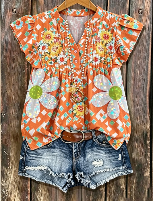 Orange Plaid Floral Laser Daisy Henley Neck Pleated Ruffle Sleeve Blouse