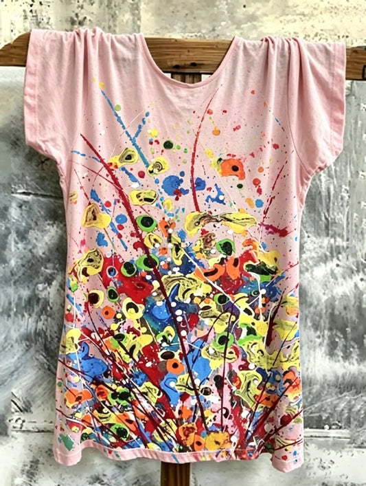 Vibrant All-Over Artistic Print Short Sleeve Casual Loose Comfort Top