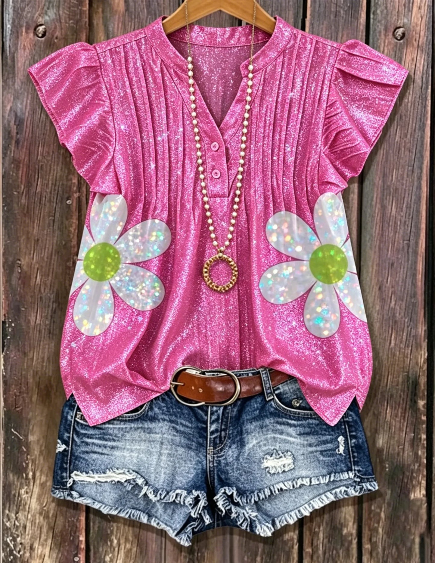 Shiny Pink Glitter Daisy Print Henley Neck Pleated Ruffle Sleeve Blouse