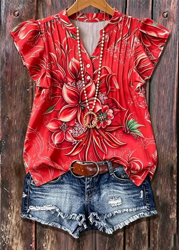 Red Floral Print V-Neck Short Sleeve Blouse