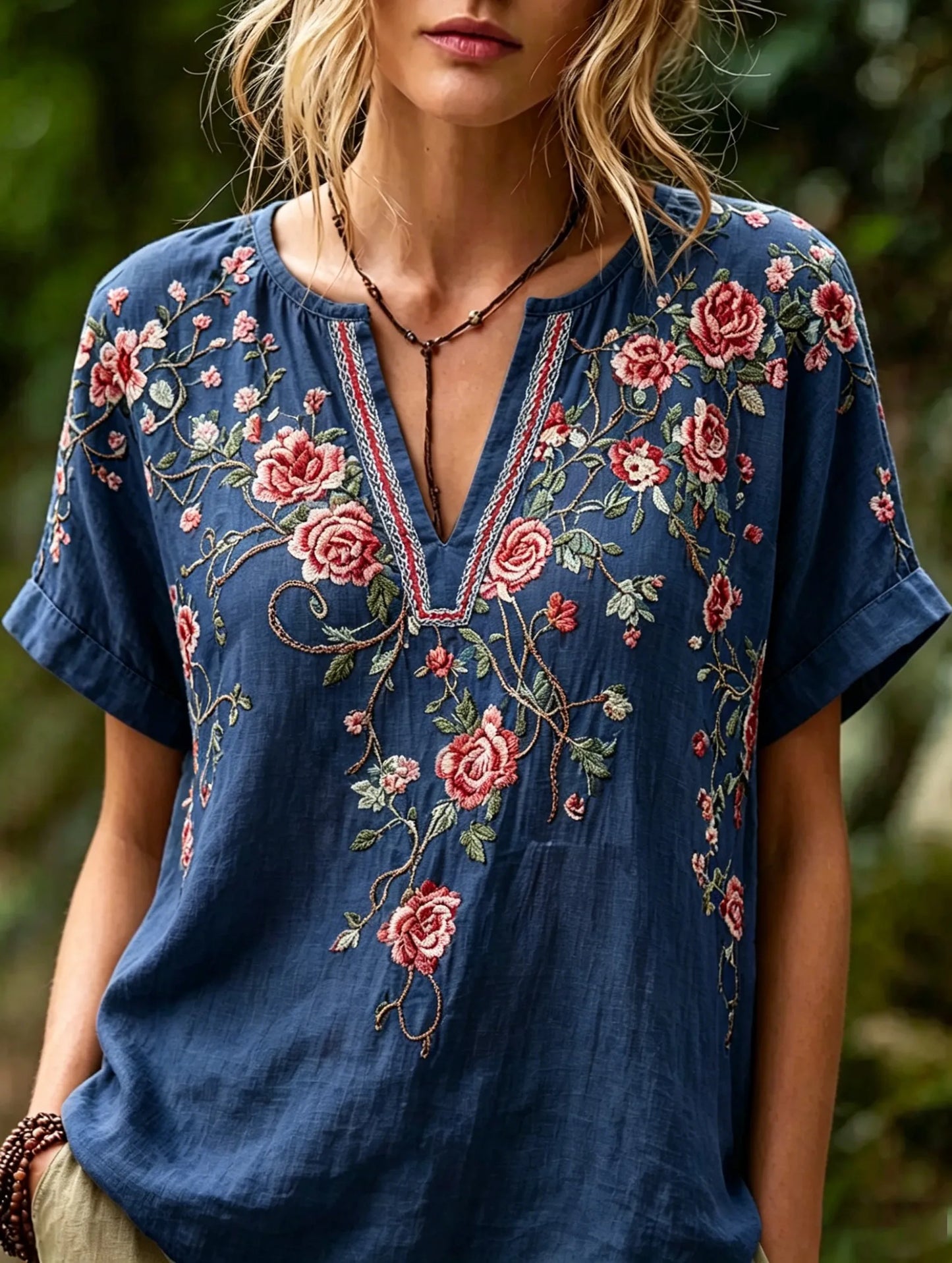 Women Split V Neck Floral Embroidery Rolled Short Sleeve Loose Linen Blend Blouse