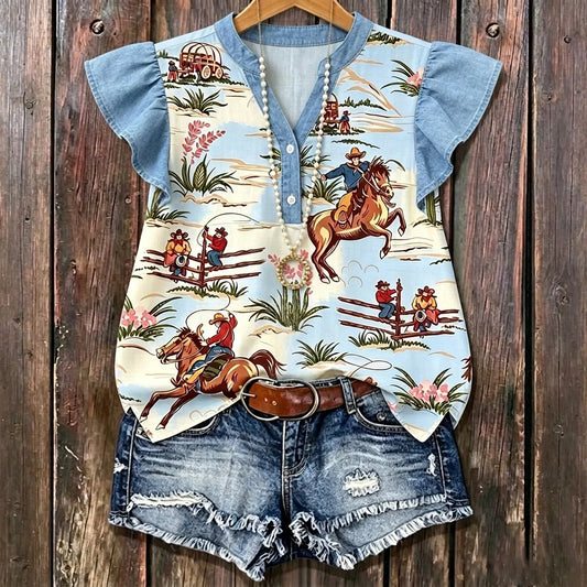 Light Blue Western Cowboy Print Denim Patchwork Henley Neck Ruffle Sleeve Casual Blouse