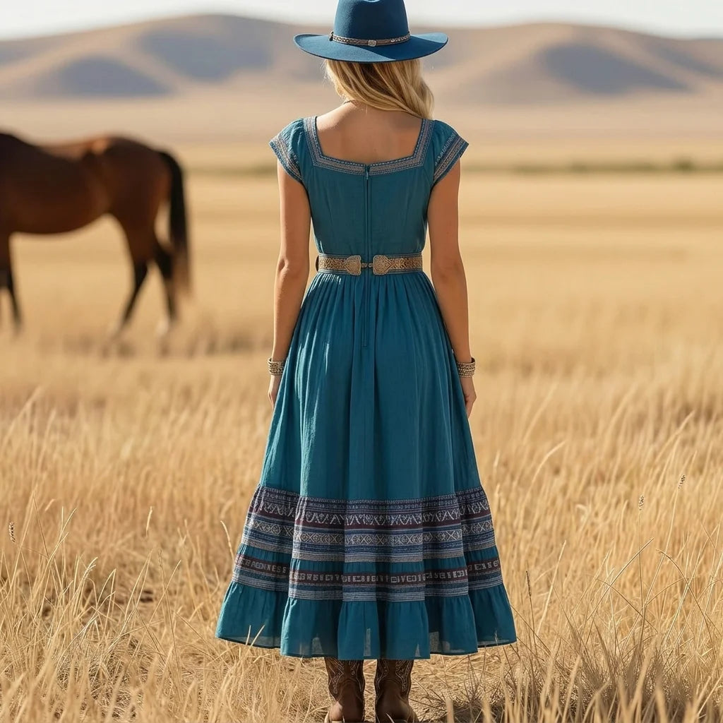 Square Neck Short Sleeve Ethnic Panel Waist Boho Maxi Dress