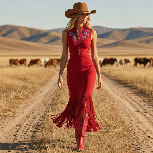 Red Embroidered Fringe Sleeveless Bodycon Midi Dress(pre order)