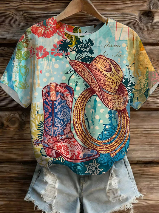 Vintage Watercolor Western Cowboy Boots Hat Lasso Floral Polka Dot Crew Neck Short Sleeve T-shirt
