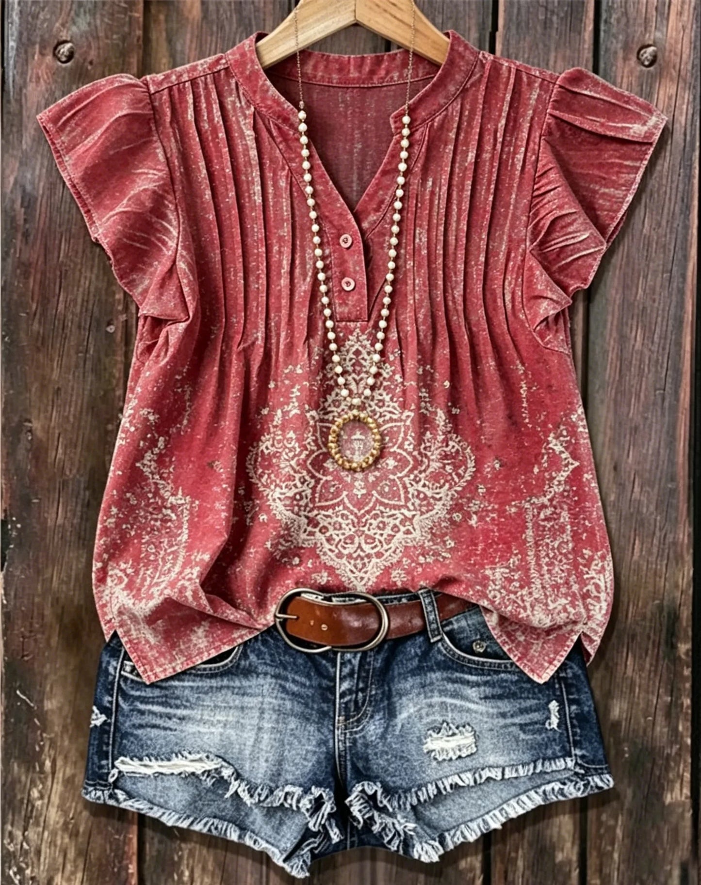Washed Red Henley Neck Pleated Ruffle Sleeve Ethnic Print Casual Blouse