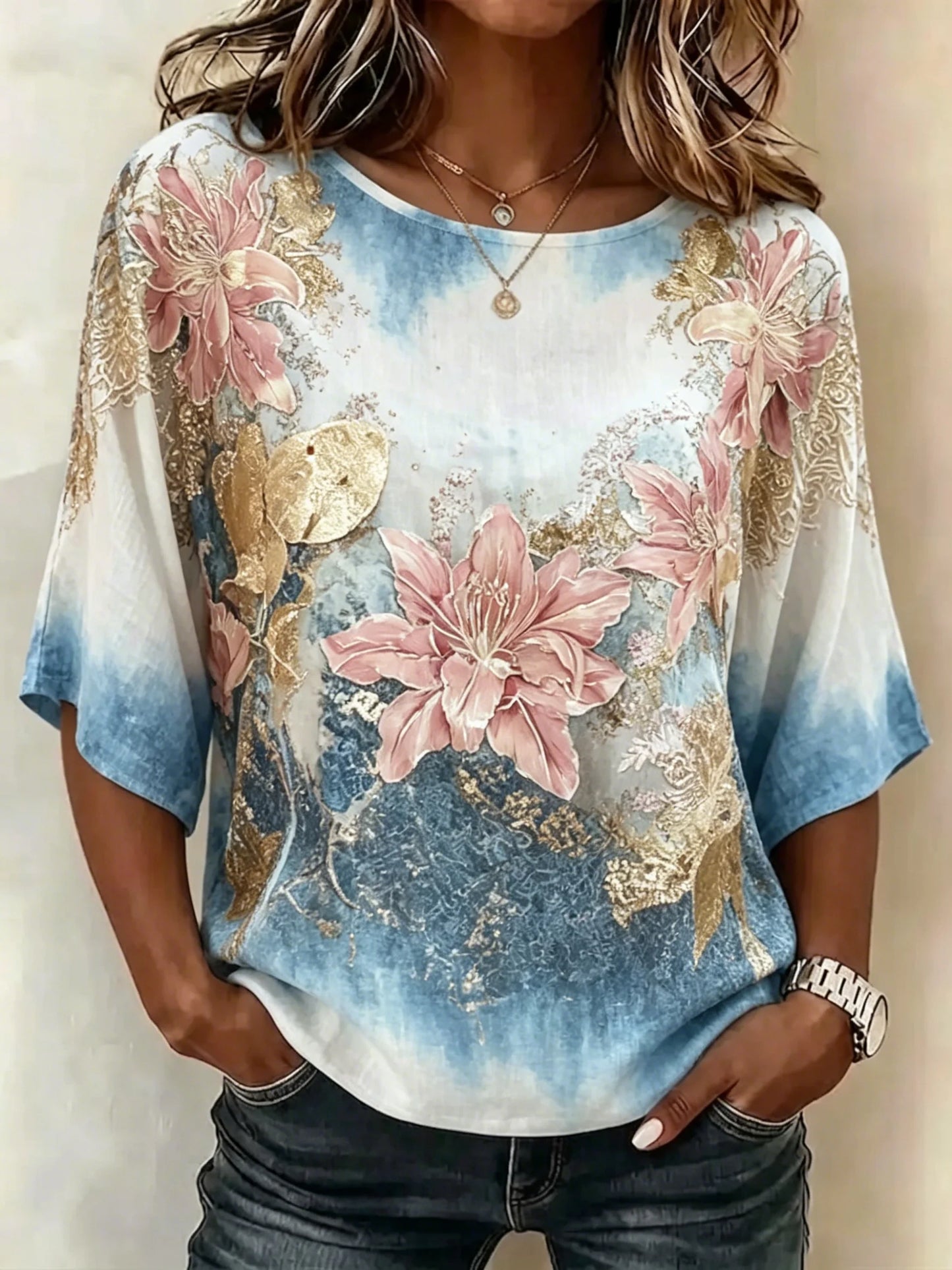 Women Gradient Blue Pink Lily Floral Print Boat Neck 3/4 Batwing Sleeve Casual Loose Blouse Vintage Daily Top