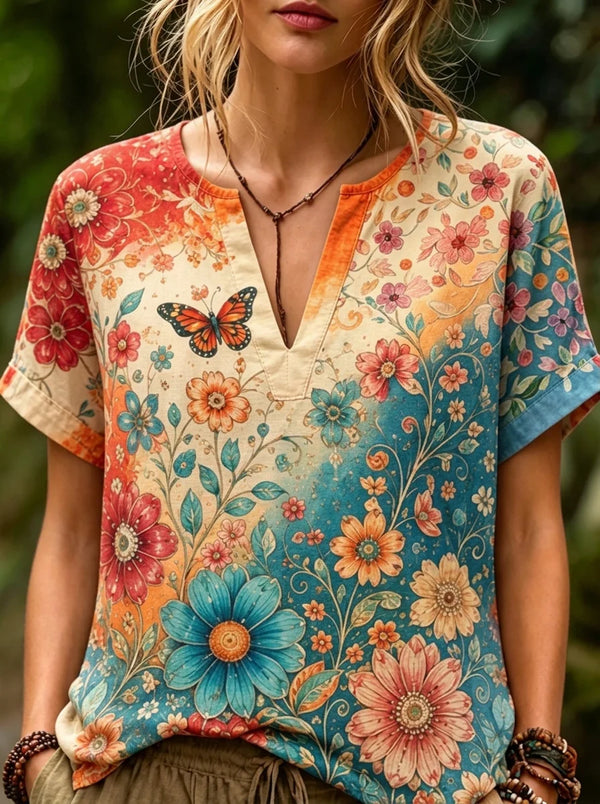 Colorful Floral Butterfly Print Notch V Neck Short Sleeve Casual Top