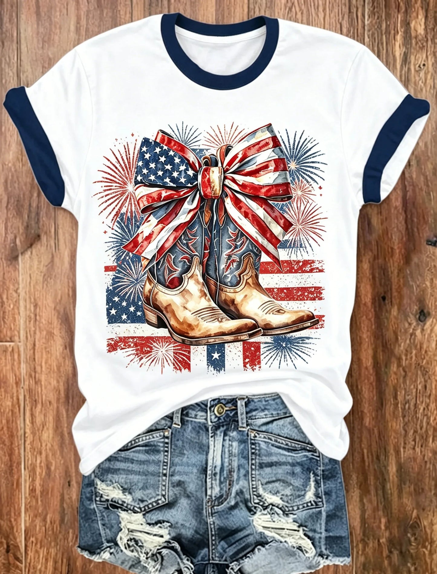 White Navy Trim Watercolor Star Stripe Flag Bow Cowboy Boots Flag Fireworks Print Short Sleeve Ringer Tee