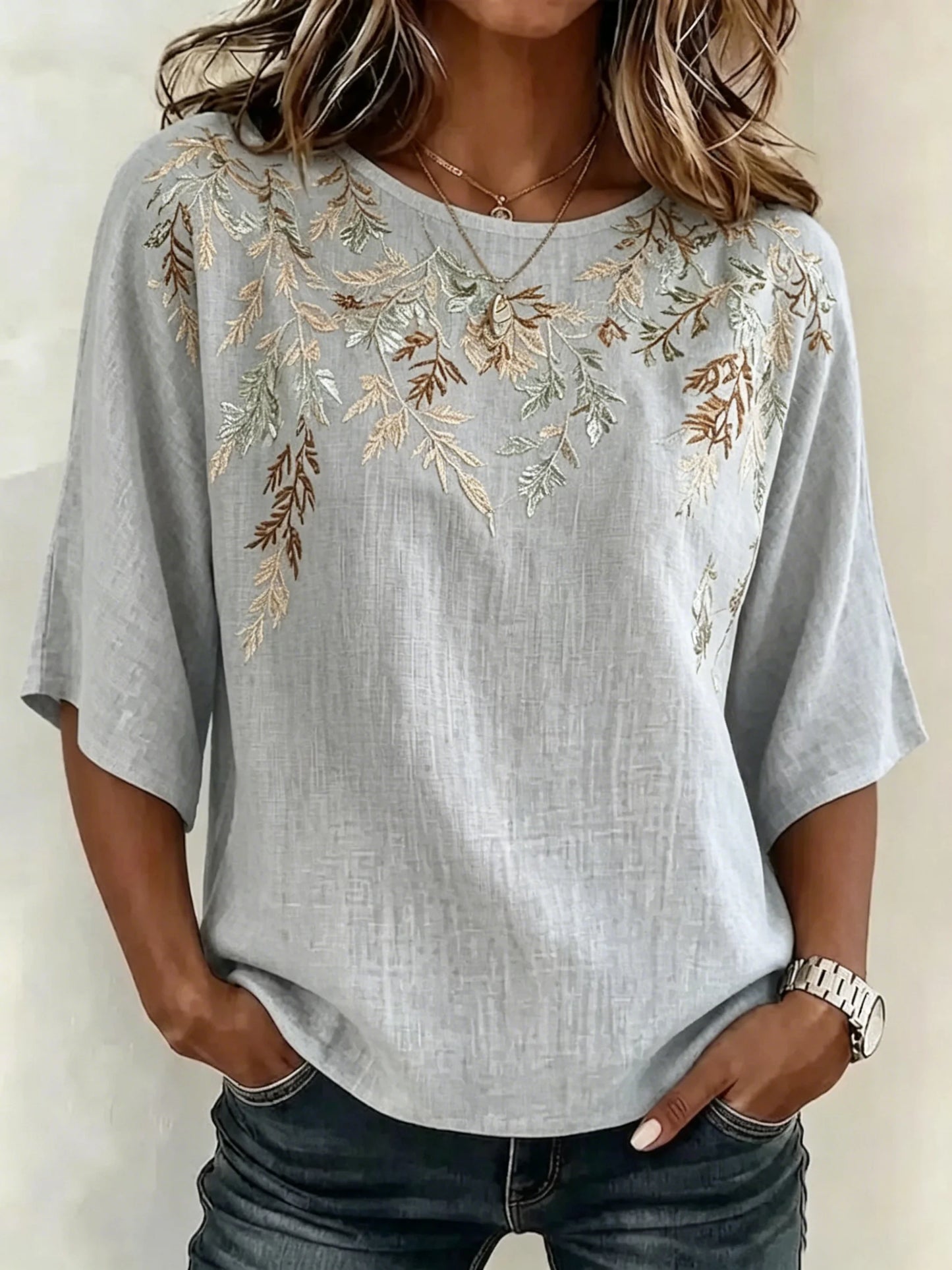 Women Grey Linen Blend Leaf Embroidery Boat Neck Batwing 3/4 Sleeve Loose Casual Blouse