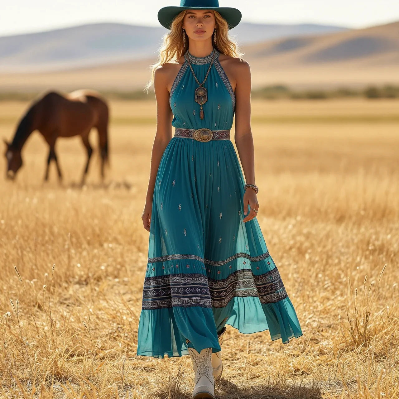 Boho Halter Open Back Vacation Maxi Dress