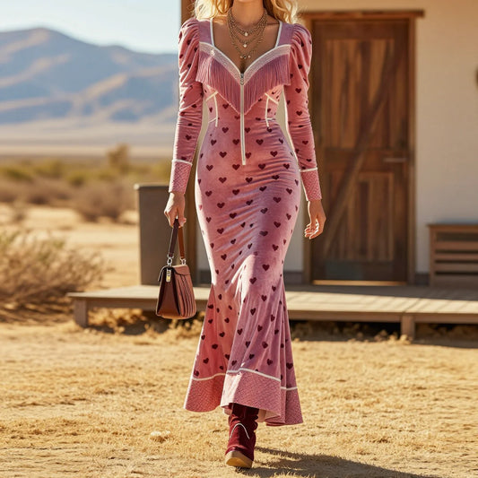 Pink Velvet Heart-Print Fringe Square-Neck Bodycon Mermaid Maxi Dress(pre order)