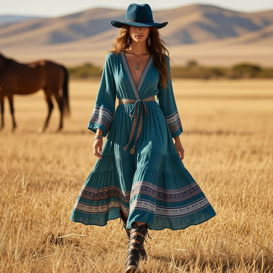 V Neck Tie Waist Ethnic Print 3/4 Bell Sleeve Boho Tiered Maxi Dress