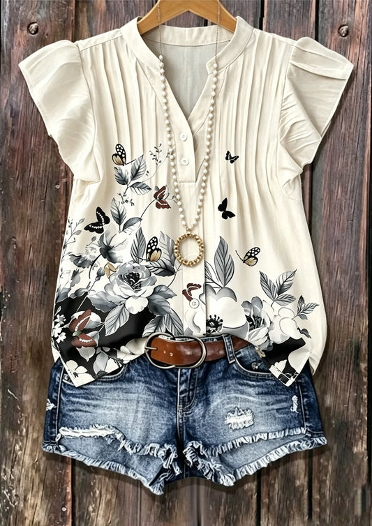 Beige Ink Wash Black White Floral Butterfly Print V Neck Flutter Sleeve Pleated Casual Blouse