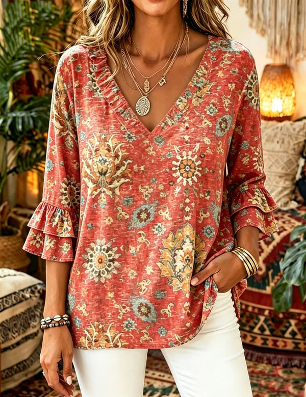 Bohemian Print V-Neck Flounce Sleeve Top