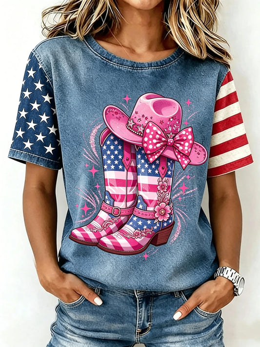 Washed Denim Blue Star Stripe Patch Sleeve Pink Cowboy Hat Star Stripe Cowboy Boots Polka Dot Bow Print Short Sleeve Tee