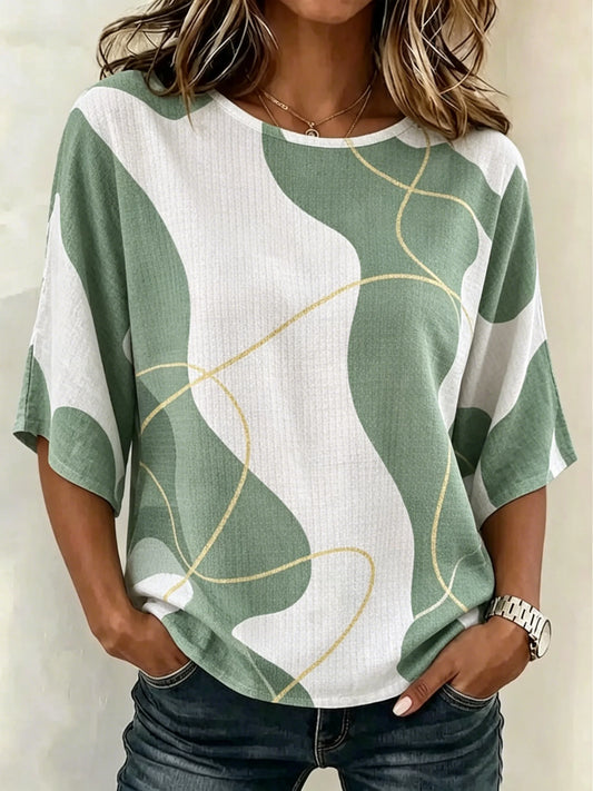 Women Round Neck Batwing Sleeve Abstract Print Casual Loose Blouse Top