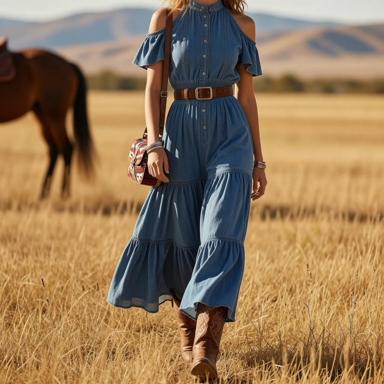 Halter Cold Shoulder Ruffle Sleeve Waist Tiered Denim Maxi Dress