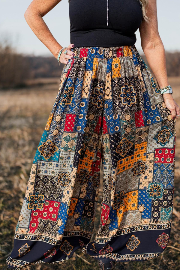 Retro Printed Wide Leg Pants